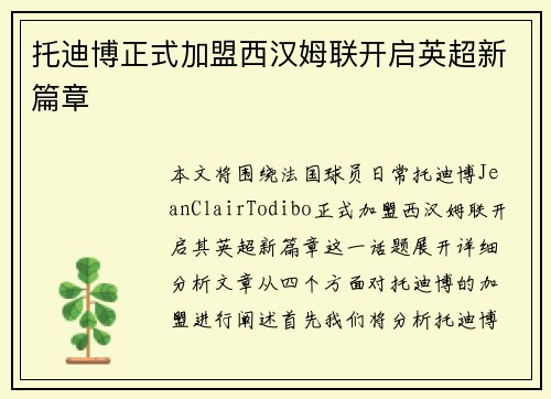 托迪博正式加盟西汉姆联开启英超新篇章